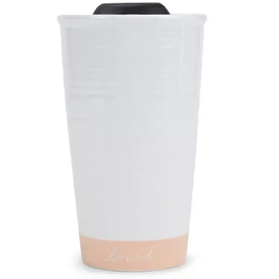 Lighthouse Christian Products Loved Textured Dipped 12 ounce Ceramic Stoneware Travel Tumbler Mug, Blush Pink image {5}