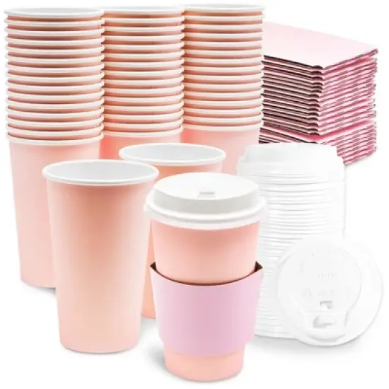 Sparkle and Bash 48-Pack Blush Pink Insulated Disposable Coffee Cups with Lids and Sleeves, 16oz Paper Hot Cup Wedding Reception, Girl image {8}