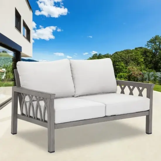 COWLOWN Outdoor Aluminum Loveseat, 2-Seater All-Weather Patio Sofa with Cushions, Modern Rust-Resistant Couch for Garden, Balcony, or Poolside image {2}