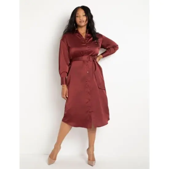 ELOQUII Women&rsquo;s Plus Size Satin Button Down Maxi Shirtdress image {3}