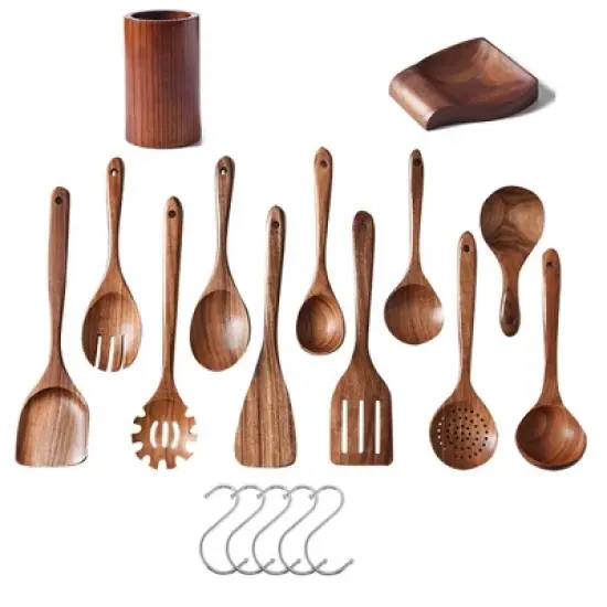 SUGIFT 13-Piece Wooden Kitchen Utensil Set &ndash; Acacia Wood Cooking Utensils with Holder, Spoon Rest, and Hanging Hooks image {4}
