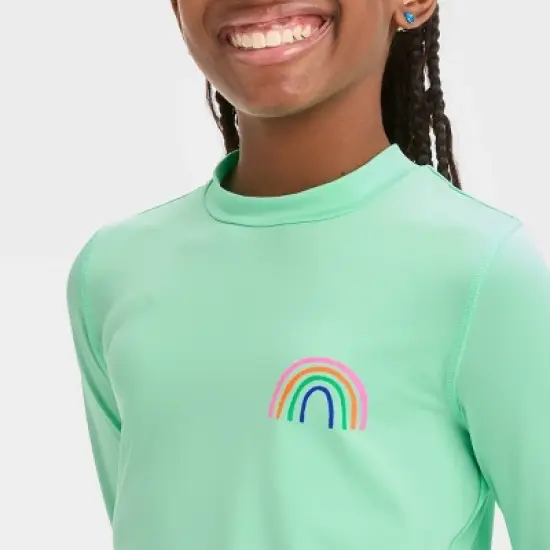 Girls' Rainbow Printed Rash Guard Swim Top - Cat & Jack&trade; Green image {1}