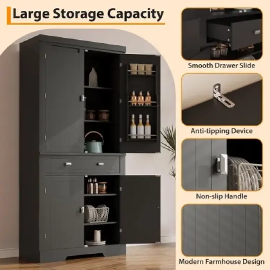 72in Tall Kitchen Pantry Cabinet, Farmhouse Large Cupboard Storage Cabinet with Adjustable Shelves 6 Door Racks for Living Dining Room Laundry image {3}