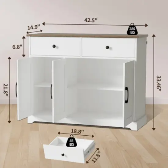 56" Large Sideboard Buffet Cabinet with Storage, Wooden Kitchen Storage Cabinet with Adjustable Shelf, Drawers & Barn Doors,  Coffee Bar Buffet Table image {5}