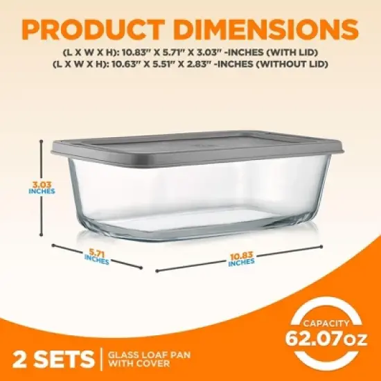 NutriChef 3 Sets High Borosilicate Glass Loaf Pan with Cover - Grip Handles for Easy Carry from Hot Oven To Table, BPA-Free image {1}