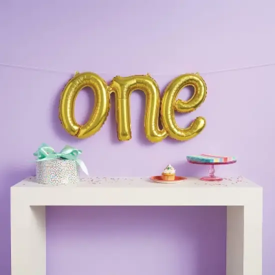 "One" Script Foil Balloon Banner Gold - Spritz&trade; image {1}