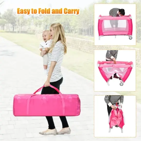 Infans 4-in-1 Portable Baby Playard w/Changing Table, Diaper Storage Bag, Music Box, Wheels with Brake, Foldable Newborn Play Yard w/Carry Bag, Pink image {5}