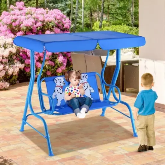 Tangkula Kids Patio Porch Bench Swing w/ Safety Belt Canopy Outdoor Furniture Blue image {3}