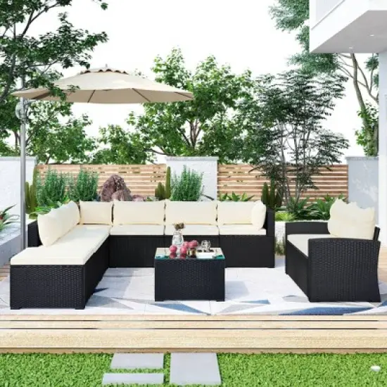 9pc Wicker Patio Sectional Seating Set with Cushions - Black/Beige - GODEER image {2}