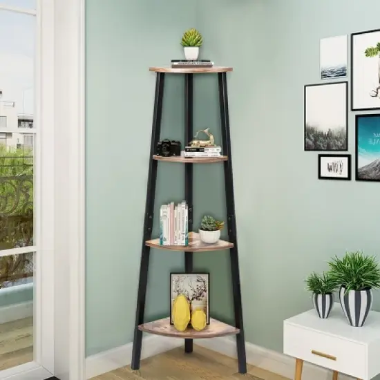 COSTWAY 4-Tier Corner Shelf Metal Storage Rack Bookcase Plant Display Stand Natural image {1}