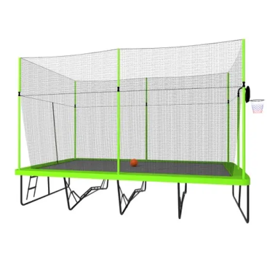 APRILSOUL 10FT by 17FT Rectangule Trampoline with Green Fabric Black Powder-coated Galvanized Steel Tubes with Basketball Hoop System image {2}