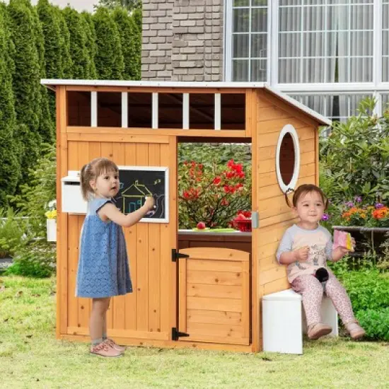 Outsunny Wooden Playhouse for Kids Outdoor, Garden Games Cottage, with Working Door, Windows, Mailbox, Bench, Flowers Pot Holder, 48" x 42.5" x 53" image {2}