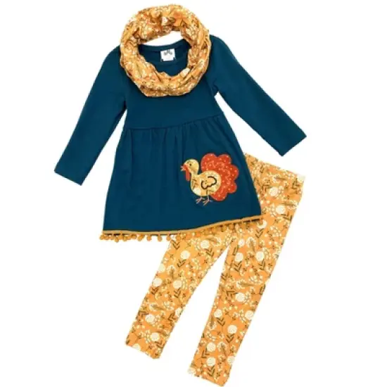 Girls Turkey Season Pom Pom Tunic, Leggings & Scarf Set - Mia Belle Girls image {2}