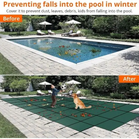 Pool Safety Inground Pool Cover &ndash; Fits 16x32ft Pools with Center Steps, Full Set with Safety Net, Installation Tools, 18x34ft image {3}