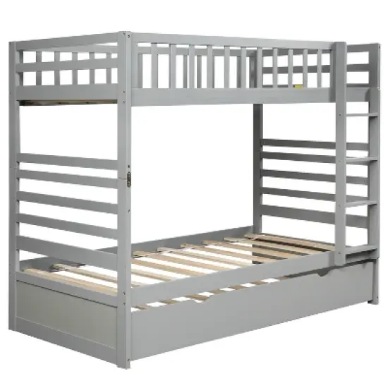 Twin Over Twin Wood Bunk Bed with Safety Rail and Movable Trundle-ModernLuxe image {7}