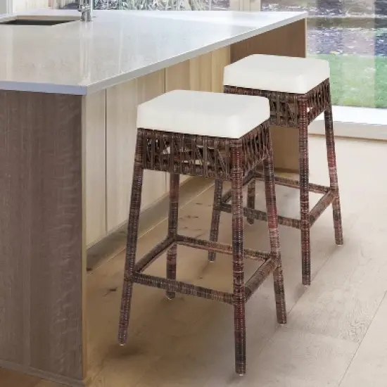 JONATHAN Y Bali Bohemian Basics Rattan Backless Bar Stool, White Cushion with Dark Brown Woven Frame image {5}
