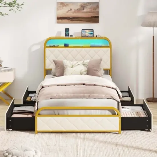 Costway Twin/Full/Queen Size Bed Frame with LED Lights & Charging Station Storage Headboard & Drawers Golden image {3}