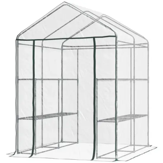 Outsunny Walk-in Greenhouse 4.7' x 4.7' x 6.4' Hot House with 3-Tier Shelving, Roll-Up Door for Outdoor, Garden image {3}