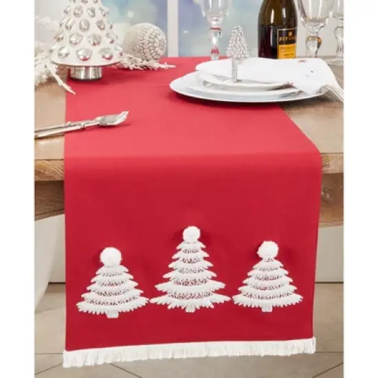 Saro Lifestyle Holly Jolly Christmas Trees Table Runner, 16"x72", Red image {2}