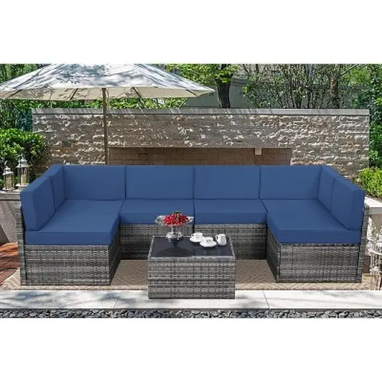 COWLOWN 7 Piece Outdoor Garden, Patio Furniture Set, Black Rattan Sectional Loveseat Couch Set, Conversation Sofa for Poolside, Backyard, Porch image {5}