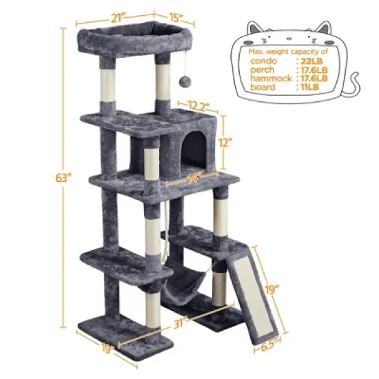 Yaheetech 63" Multilevel Plush Cat Tree with Hammock for Cats Kitchens image {2}