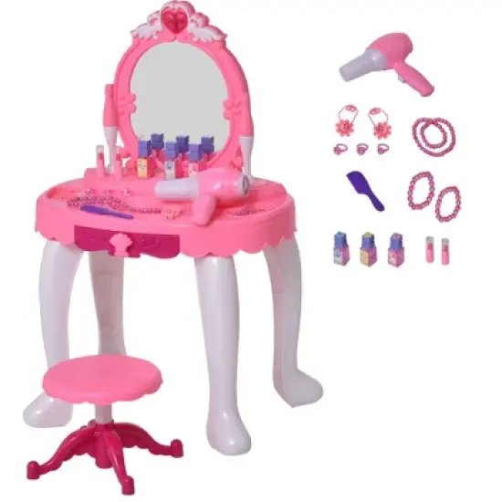 Qaba Children Dressing Table Set Girls Pretend Princess Vanity Table with Music Lightening Pink image {6}