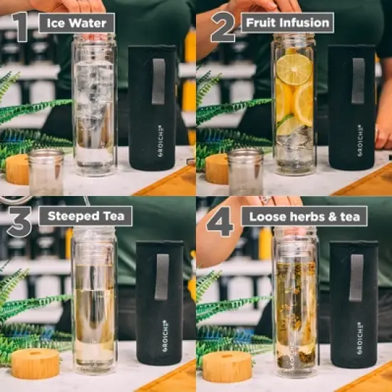 GROSCHE COPENHAGEN Double Walled Glass Tea Infuser Water Bottle, Insulated Bottle with Protective Sleeve, 14.3 fl oz. Capacity   image {3}