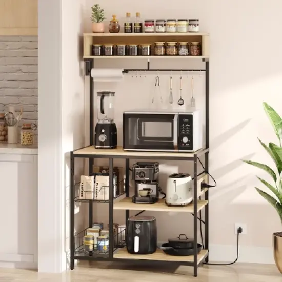 Bestier 65" Bakers Rack with Power Outlets, 5-Tier Kitchen Storage Shelves, Microwave Stand with 2 Wire Basket & 10 Hooks image {1}