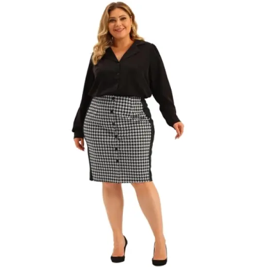 Agnes Orinda Women's Plus Size Work Houndstooth Pattern Slim Knee Pencil Skirt image {2}
