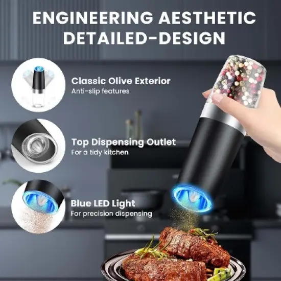 Maison Gravity Electric Pepper and Salt Grinder Set Battery Powered With LED Light One Hand Automatic Operation image {3}