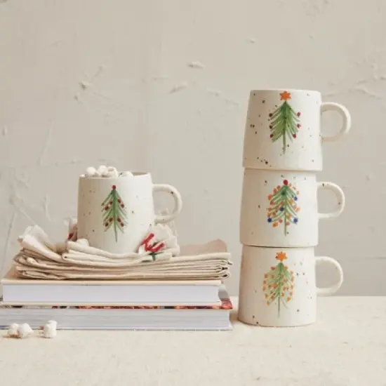 Storied Home Hand-Painted Speckled Stoneware Mugs with Christmas Tree, Multicolor, Set of 4 image {2}