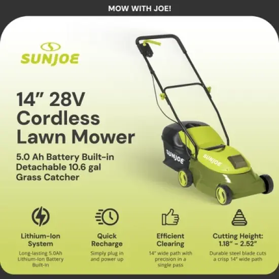 Sun Joe Cordless Lawn Mower, 28V Brushless Motor, 14" Electric Walk Behind Grass Cutter with Safety Key, 10.6 Gal Grass Catcher, MJ401C-XR image {1}