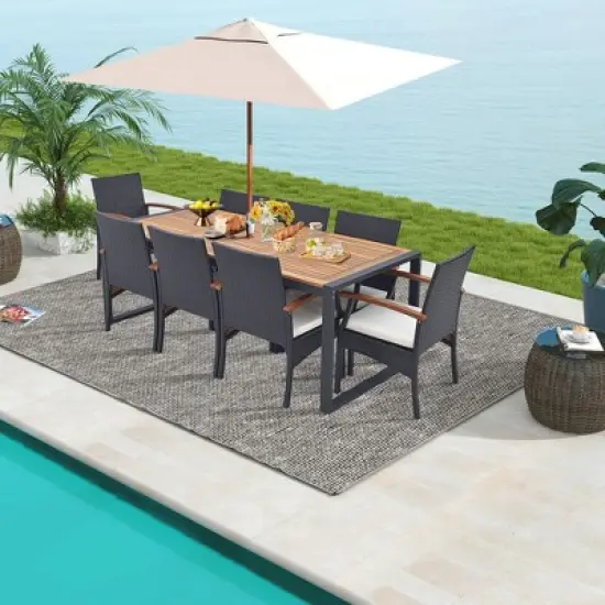 Costway 9 Pieces  Patio Rattan Dining Set with Acacia Wood Table, 1.9" Umbrella Hole image {3}