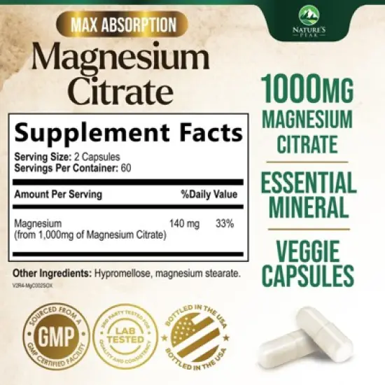Magnesium Citrate 1000mg Capsules - Extra Strength Magnesium Supplement - 60 Count;120 Count;180 Count;240 Count image {1}