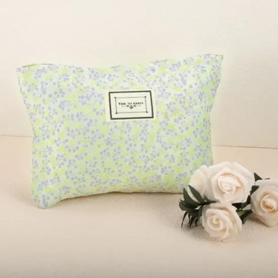 Unique Bargains Women's Canvas Flower Pattern Makeup Bag Green image {1}