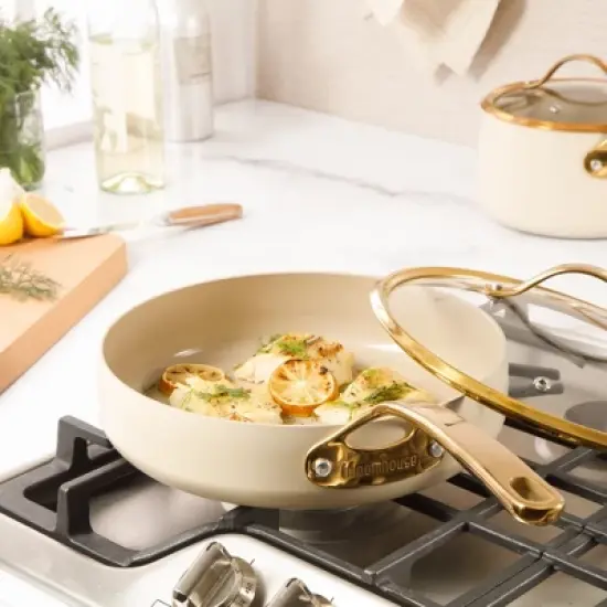 Bloomhouse 10 Inch Heavy Duty Aluminum Premium PFA Free Ceramic Nonstick Saute/Deep Frying Pan Skillet with Lid - Linen White with Gold Handle image {9}