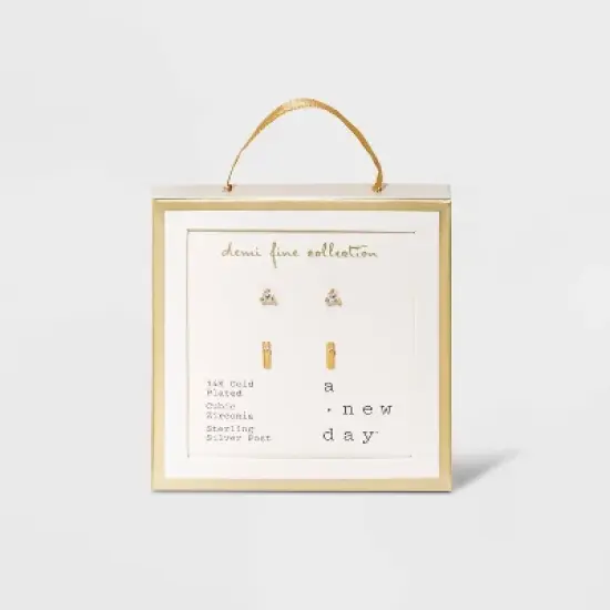 14K Gold Plated Cubic Zirconia and Bar Stud Duo Earrings - A New Day&trade; image {2}