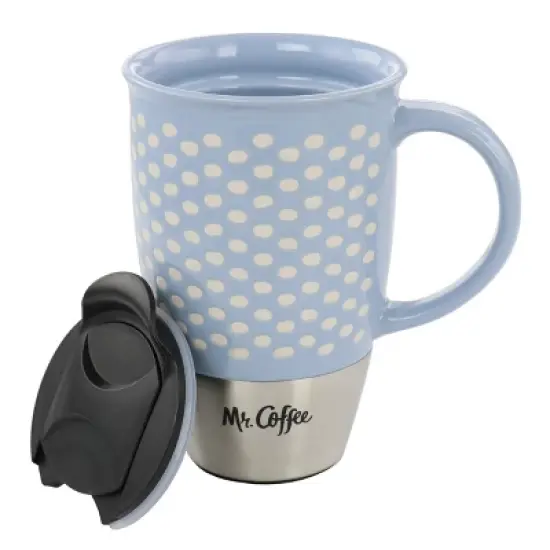 Mr. Coffee Coupleton Dot 4 Piece 15 Ounce Stoneware and Stainless Steel Travel Mug Set with Lid in Blue image {1}