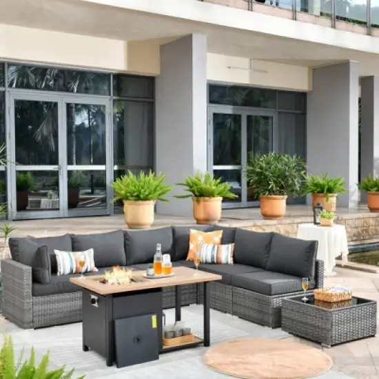Ovios Venice 8pc Wicker Outdoor Patio Furniture Set Conversation Sofa with a Storage Fire Pit and Cushions image {15}