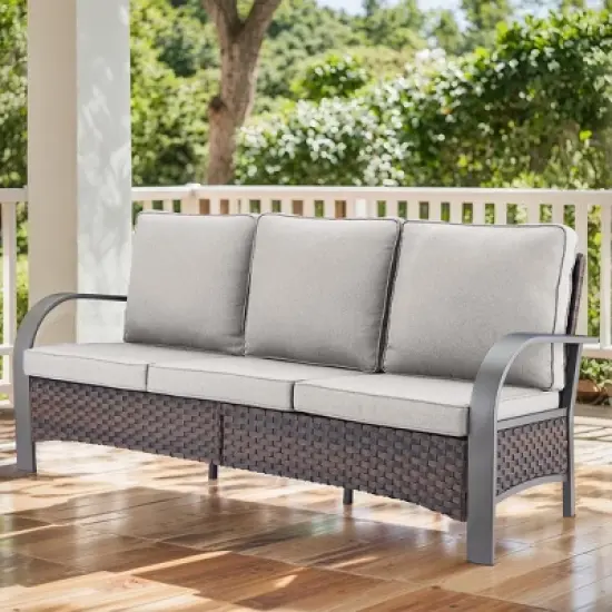 POCASSY Outdoor 75" Outdoor Sofa with Metal Armrest, All Weather Patio Brown Wicker Sofa Outdoor Couch Furniture for Porch, Deck, Garden image {13}