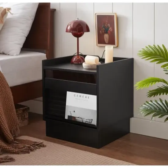 Sapphtopaz Modern Nightstand with Charging Station&LED Large Storage End Table with Drawers&Groove Design Night Stand for Bedroom,Living Room image {7}
