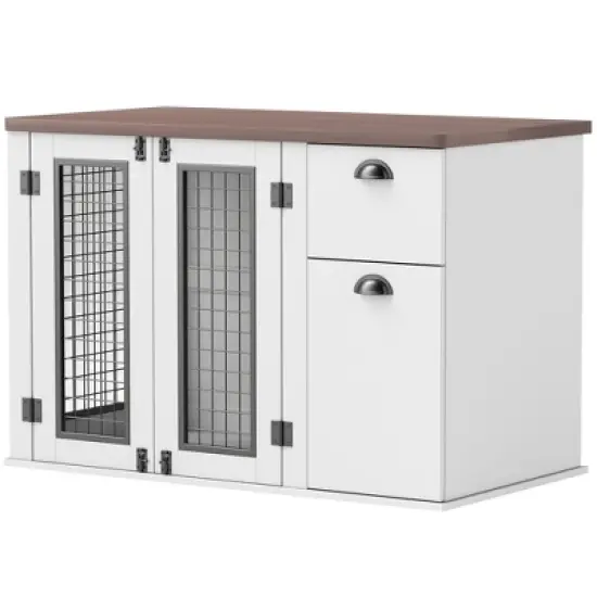 PawHut Furniture Dog Crate, 44" Dog Kennel Furniture End Table with Double Door, Storage & Drawer, Dog Crate Furniture for Medium Dogs, White image {3}