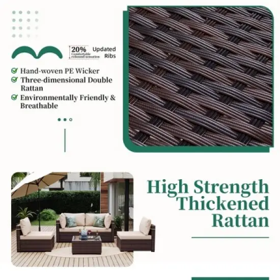 UPHA 5-Piece Rattan Patio Sofa Conversation Set with Cushions image {3}