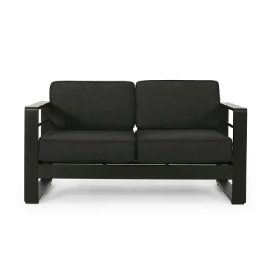 GDFStudio Gadd Outdoor Aluminum Loveseat with Cushions, Black/Dark Gray image {8}