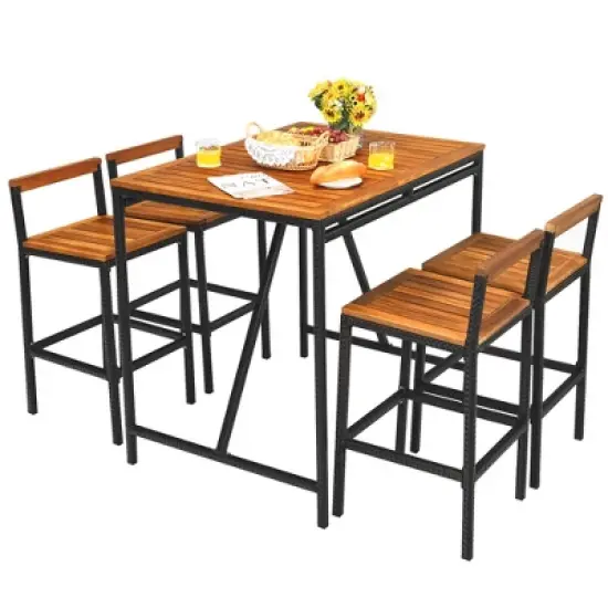 Costway 5PCS Patio Rattan Bar Table Stool Set Acacia Wood Top W/Umbrella Hole image {2}