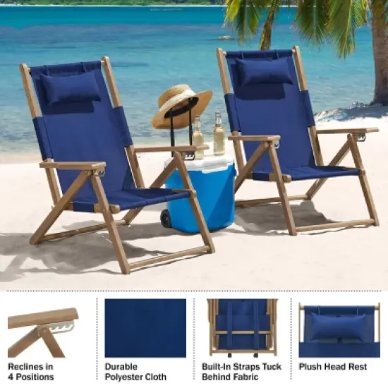 Set of 2 Outdoor Weather-Resistant Wood Folding Beach Chairs with Carry Straps and Reclining Seat by Lavish Homes image {4}