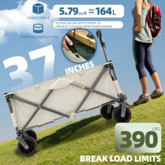 FATMOON Collapsible Utility Wagon Cart,with 6.8 All-Terrain Wheels & Adjustable Handle&ndash;390LB Capacity for Beach,Camping,Shopping,Outdoor,Off-White image {1}