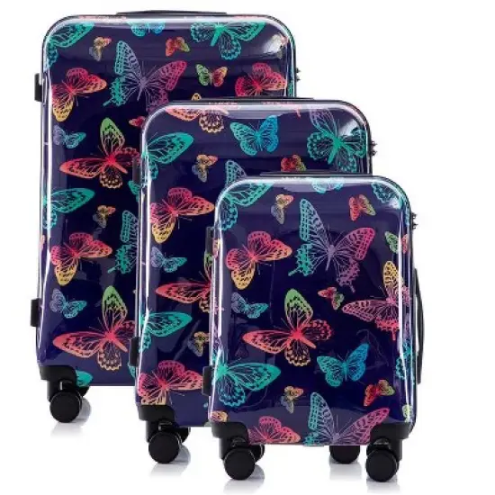 Multi-color Design ABS Hard Shell Lightweight with 360&deg; Dual Spinning Wheels & Combo Lock &ndash; Includes 28", 24", 20" 3-Piece Luggage Set - Butterfly image {4}