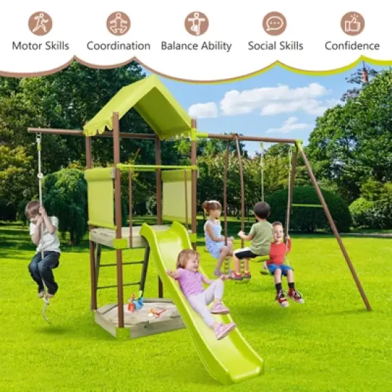Infans 7-in-1 Swing Set with Covered Fort Height Adjustable Swing Climbing Rope Sandbox image {5}