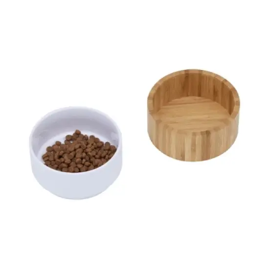Teamson Pets Billie Raised Dishwasher Safe Food Grade White Ceramic Pet Bowl with Round Ergonomic Bamboo Stand and Non-Slip Padded Bottom, Brown image {5}